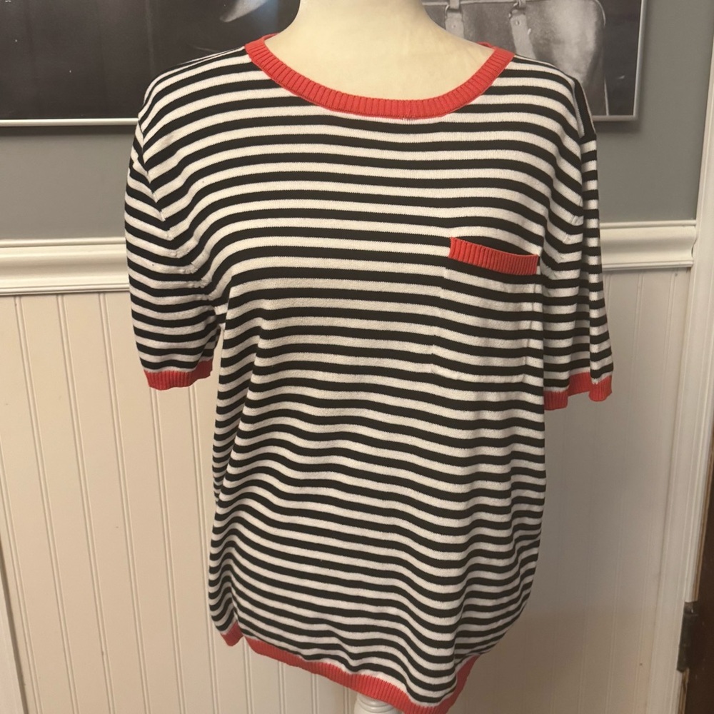 Illusory Black White Orange Striped Short Sleeve Cotton Sweater Size XL